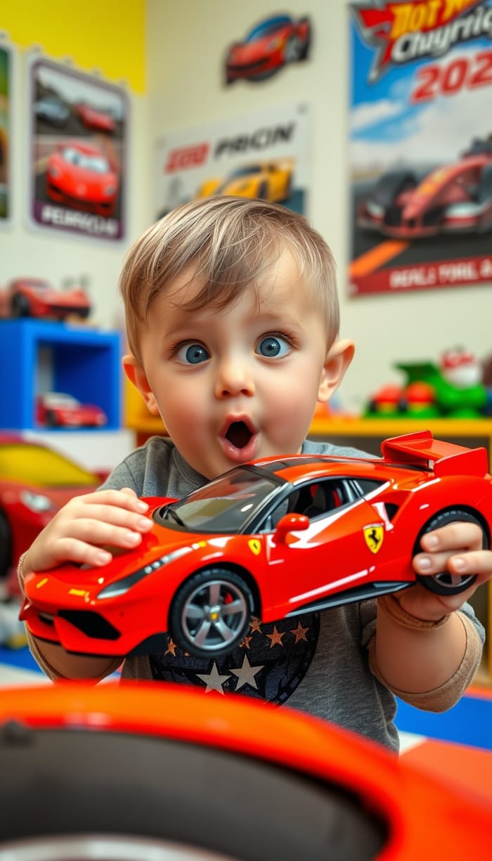 Young Boy Surprised with Toy Ferrari in Playful Room