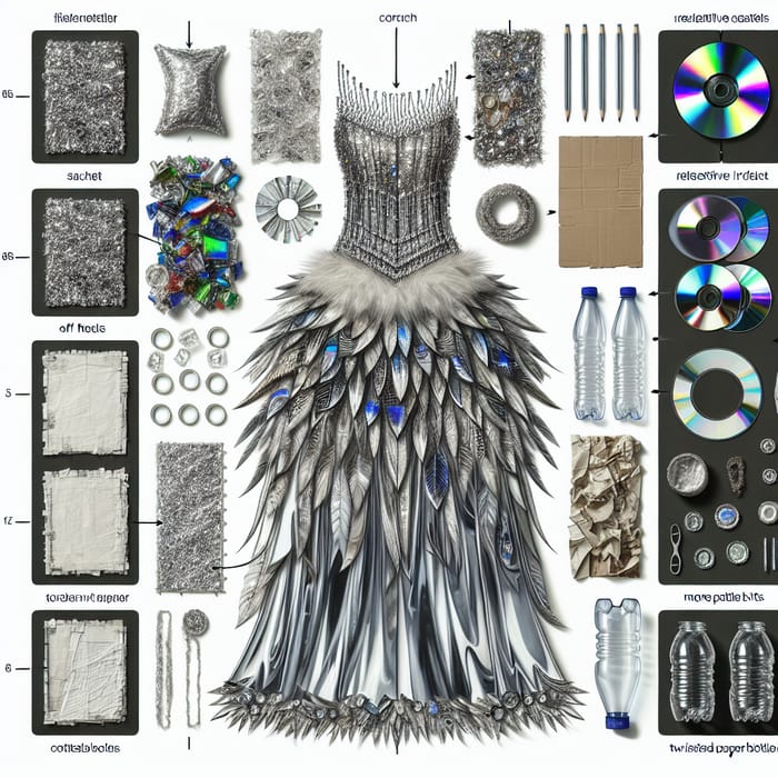 Innovative Trashion Show Dress: Silver Sachets, Feathers, Newspaper & More