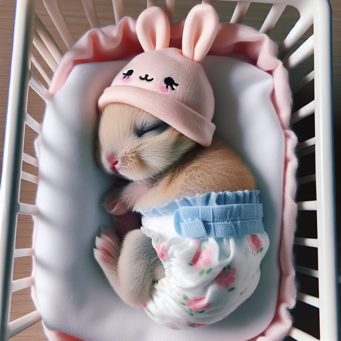 Adorable Newborn Baby Rabbit in Diapers on Crib with Cute Baby Bonnet