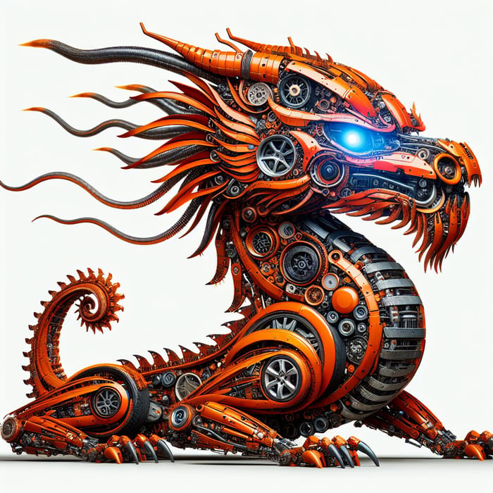 Photorealistic Orange Dragon Sculpture from Car Parts