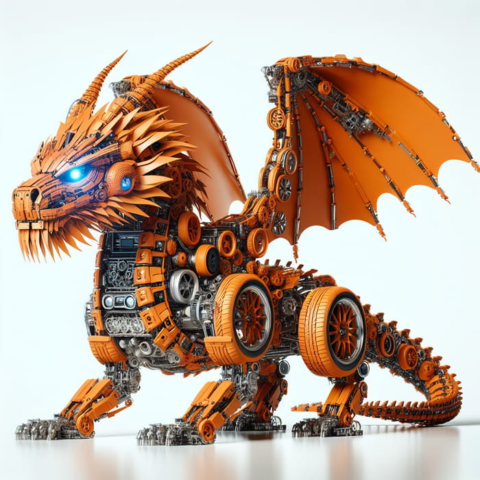 Realistic Orange Dragon Car Parts with Glowing Blue Eyes