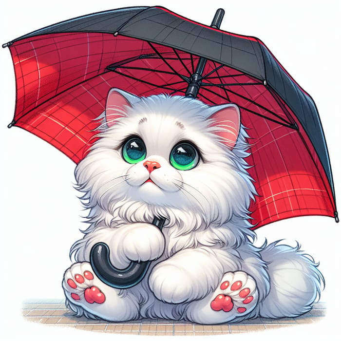 Clever White Cat with Umbrella