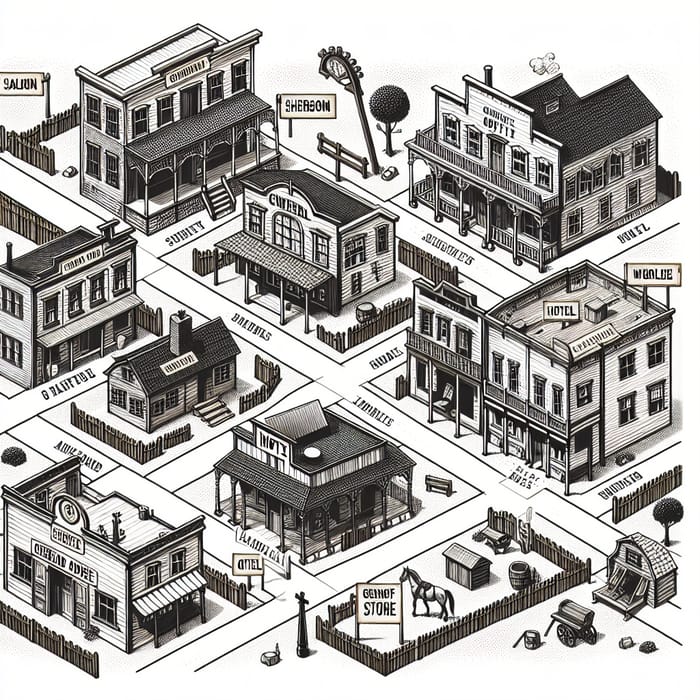 Detailed Wild West Town Map with 8 Buildings