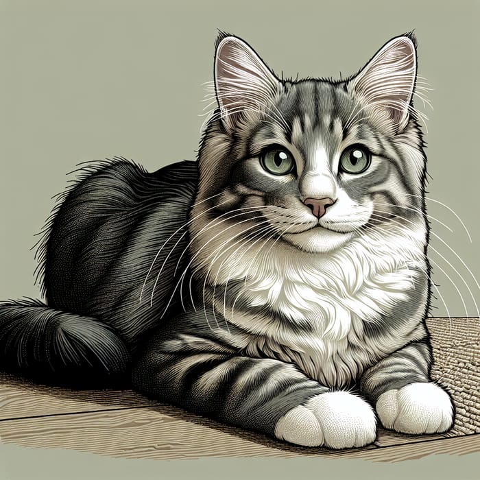 Grey and White Cat - Detailed Illustration