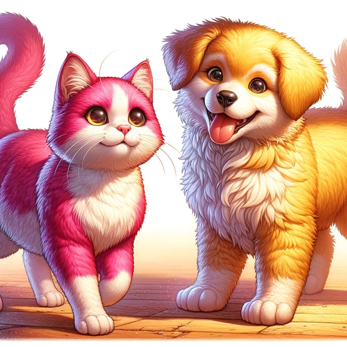 Pink Cat and Yellow Dog: A Playful Scene