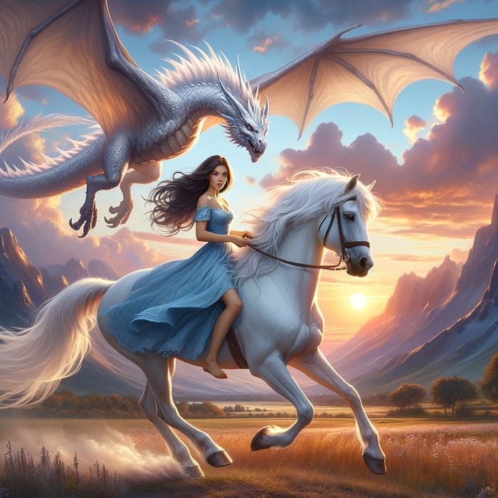 Brunette Girl on White Horse with Dragon