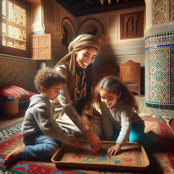 Joyful Mother with Kids in Moroccan Home