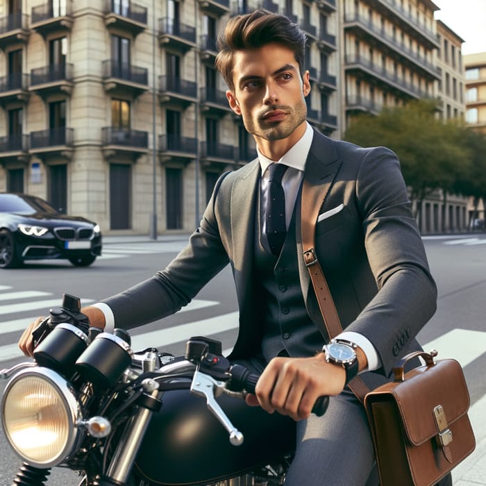 Young Attorney with Short Hair Riding Café Racer Motorcycle