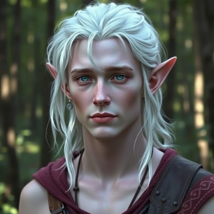 Male Elf in Forest: Silver Hair & Violet Skin