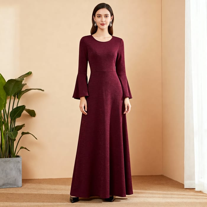 Modest Long Dress Pattern with Bell Sleeves
