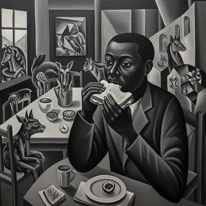 Cubism Oil Painting: Black Man Enjoying Sandwich Cubism Oil Painting: Black Man Enjoying Sandwich