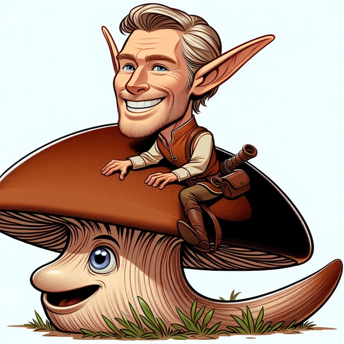 Handsome Elf Riding Big Brown Living Mushroom in Woodland Adventure