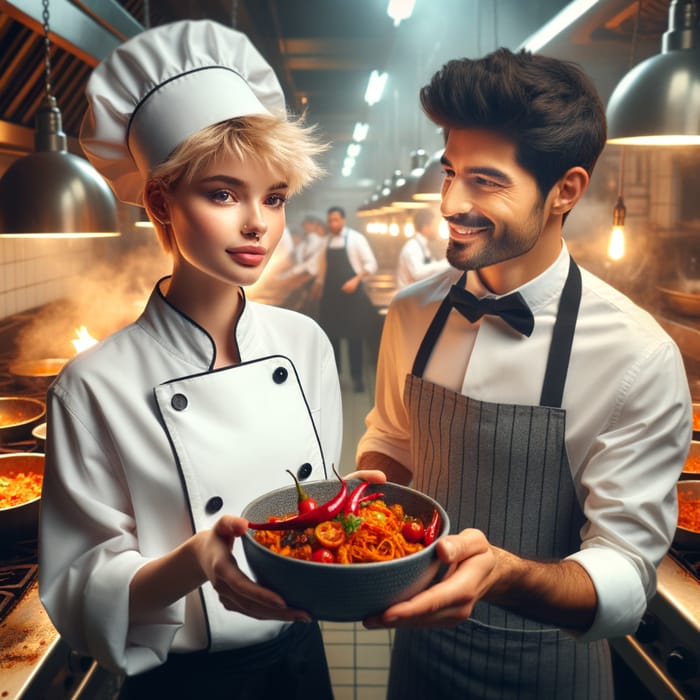 Blond Girl Chef Serving Spicy Dish in Kitchen Scene