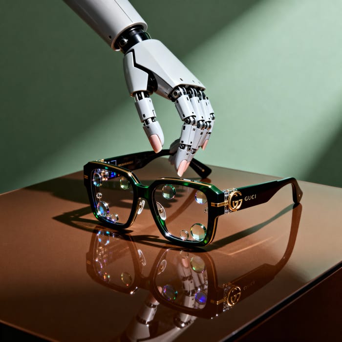 Futuristic Smart Glasses Held by Robot Hand Futuristic Smart Glasses Held by Robot Hand