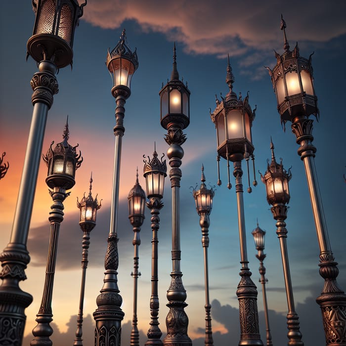 Decorative Lighting Poles Range on Sky Background Render