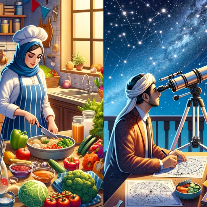 Character Illustrations: Middle-Eastern Female Chef & South Asian Male Astronomer Scenes