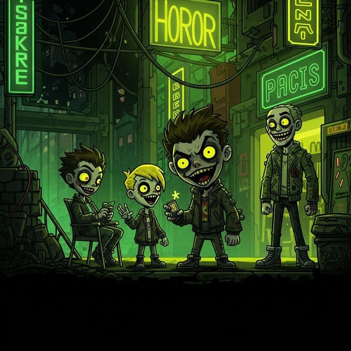 Dark Cartoon Art with Neon Glow & Grunge Texture Dark Cartoon Art with Neon Glow & Grunge Texture