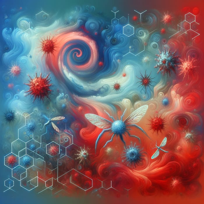 Abstract Dengue Outbreak Art: Swirling Red & Blue Shapes