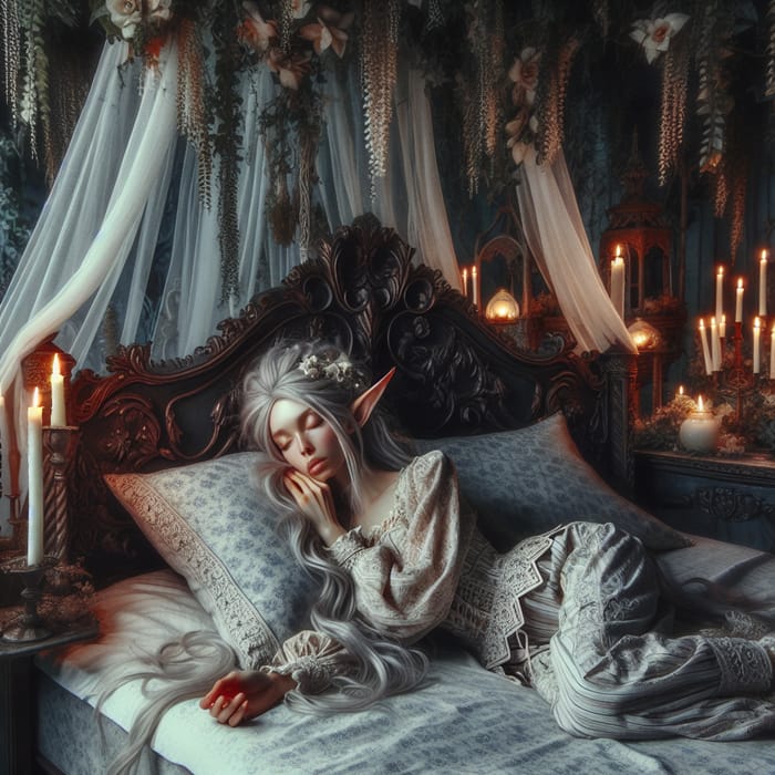 Enchanting Elf on Intricate Bed in Fantasy Setting