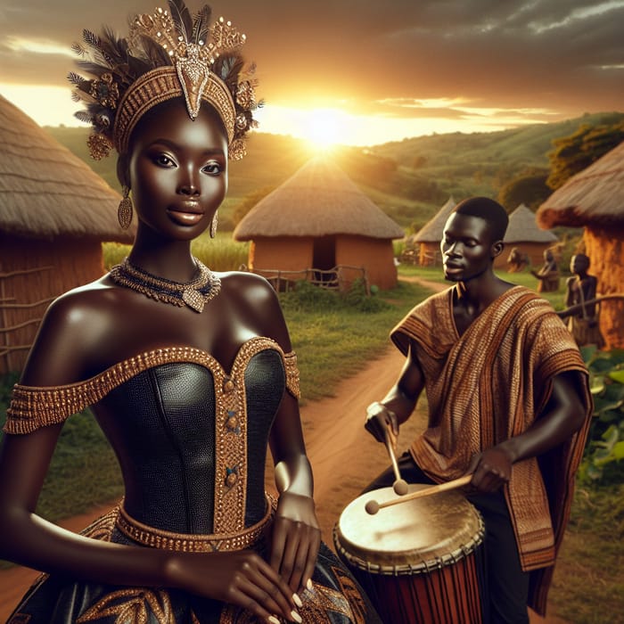 African Princess and Drummer in Authentic Village Scene