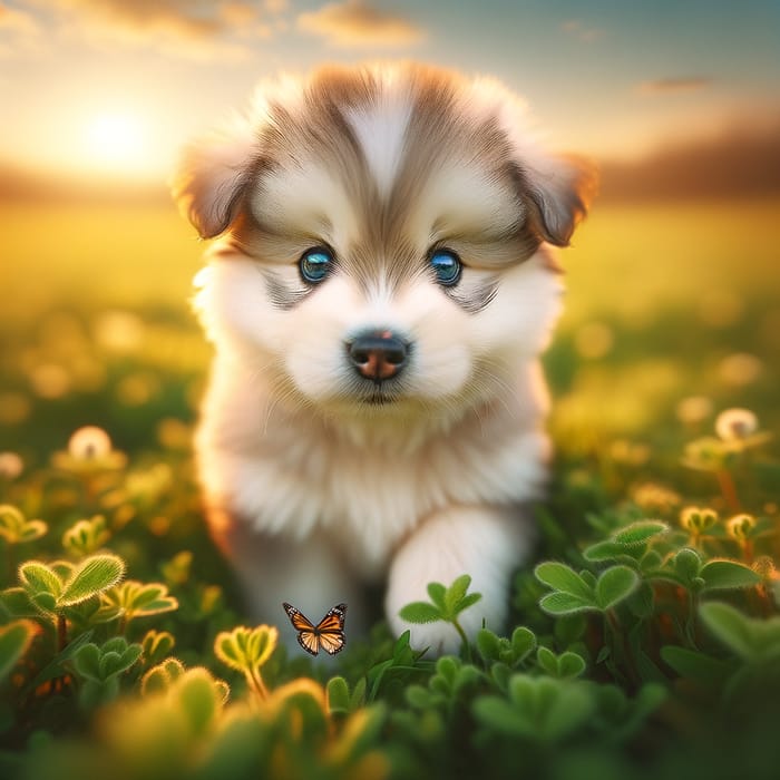 Cute Puppy Playing in a Vibrant Green Field