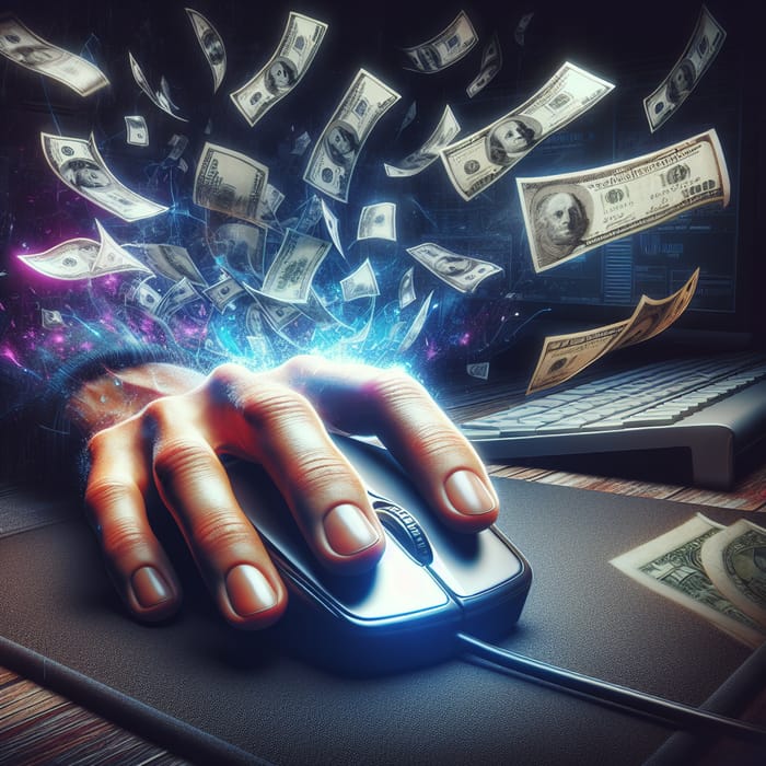 Agile Hand Clicking Computer Mouse in Realistic Office Scene with Wealth Symbol Agile Hand Clicking Computer Mouse in Realistic Office Scene with Wealth Symbol