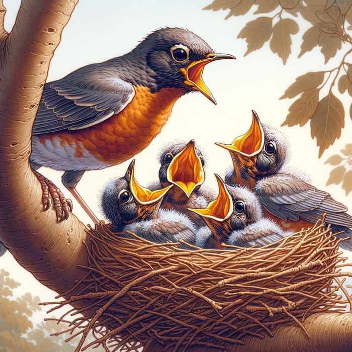 Family of Robins Building Their Nest