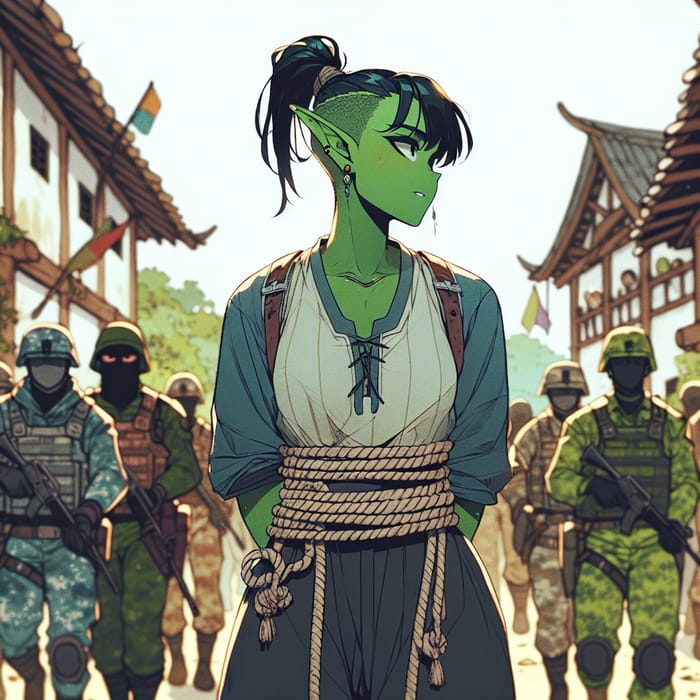 Anime Half-Orc Captured in Village Scene