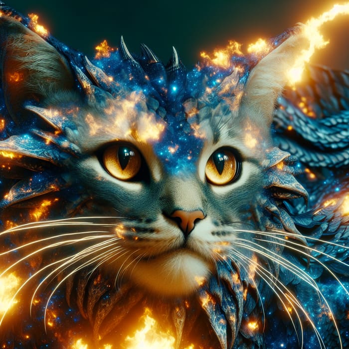 Mythical Dragon Cat | Fiery Scales in Night Sky