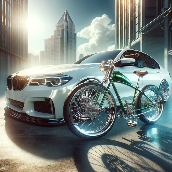 White Car & Green Bike in Urban Setting | Ethereal Vibe