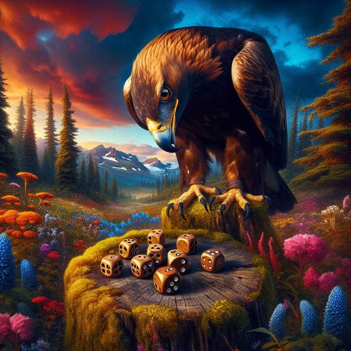 Mischievous Eagle Playing Dice in Nature Background