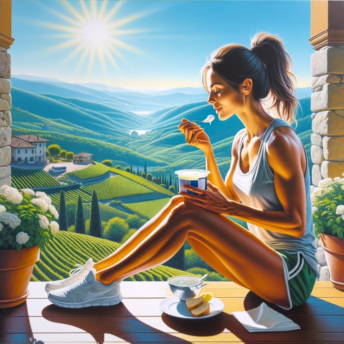 A Beautiful Girl Enjoying Yogurt in Sunny Italian Landscape