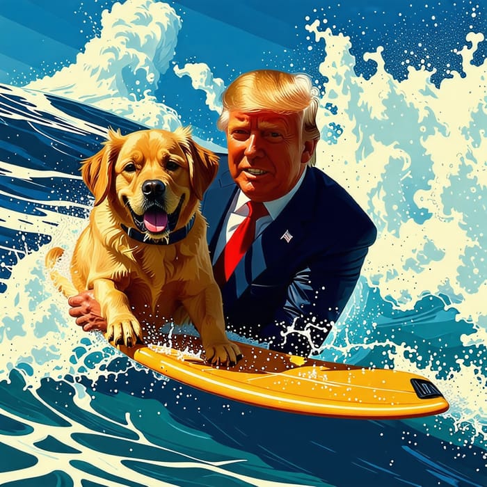 Donald Trump Surfing with a Dog in the Ocean