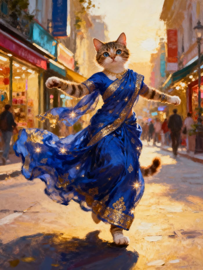 Whimsical Cat in Blue Saree Dances in City