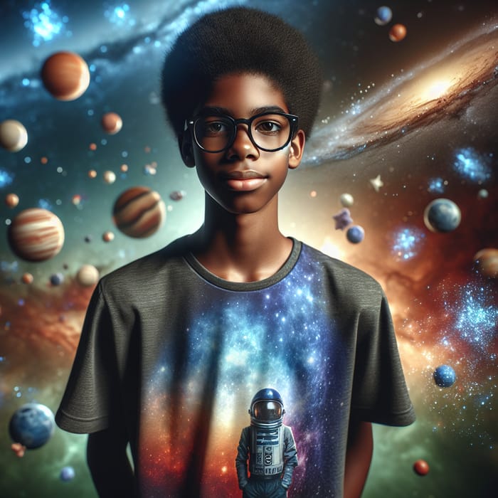 African American Teen in Cosmic Galaxy with Glasses | Space-Themed T-Shirt