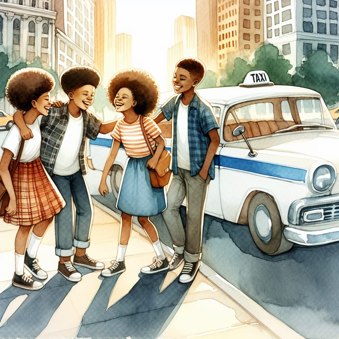 Four African-American Teens Sharing Laughter by Taxi Cab