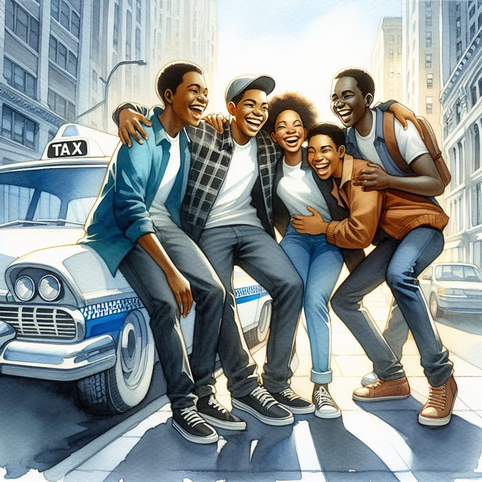 Joyful Black Teenagers by White Taxi Cab - Illustration Painting