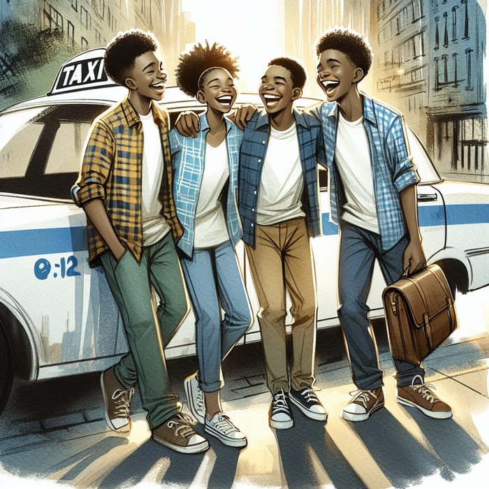 Joyful African American Teens Cherishing Taxi Cab Moment