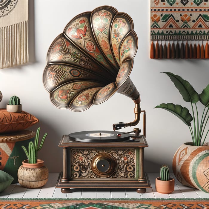 Boho Style Gramophone with Classic Vinyl Record