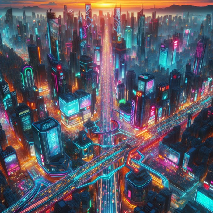 Neon Cyberpunk Cityscape: Dusk Aerial View with Vibrant Colors