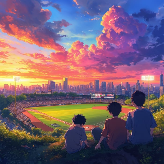 Anime Style Painting of Boys Overlooking Baseball Stadium at Sunset