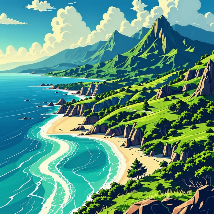 Anime Landscape Wallpaper: Summer Day Beach View with Detailed Mountains