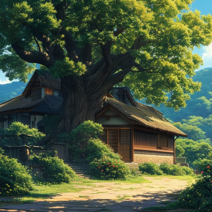 Studio Ghibli Style House under Oak Tree - 8K Wallpaper