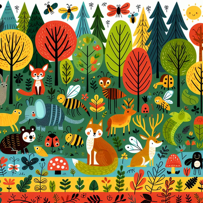 Vibrant Forest Scene with Diverse Wildlife for Preschoolers