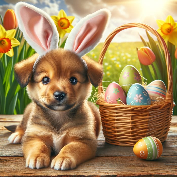 Enchanting Easter Puppy with Rabbit Ears and Basket Fantasy