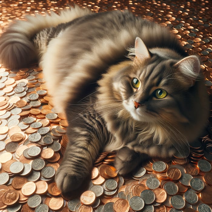 Big Cat with a Penny Pile | Captivating Coin Reflections