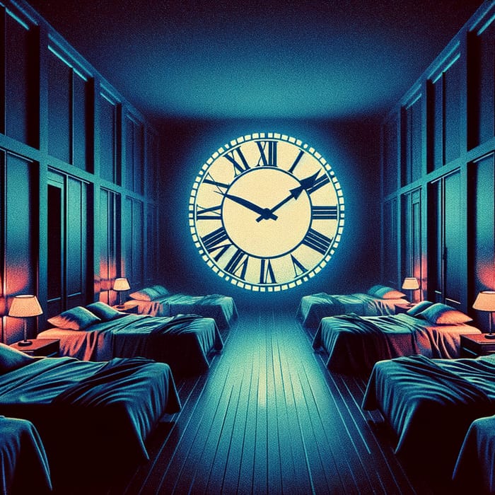 Moody Clock Striking 11:12 in Dimly Lit Room - Blue, Dark, Red Palette Moody Clock Striking 11:12 in Dimly Lit Room - Blue, Dark, Red Palette