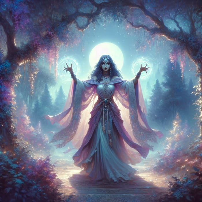 Mystic Sorceress in Moonlit Forest | Ethereal Fantasy Art