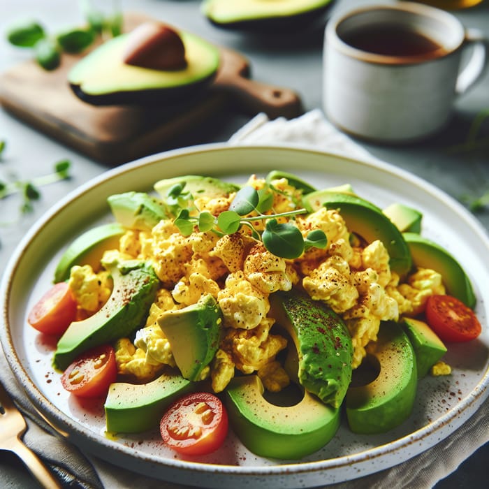 Scramble with Avocado Recipe | Side View in White Plate