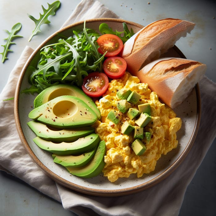 Tender Scrambled Eggs with Avocado, Rocket Salad and Tomatoes